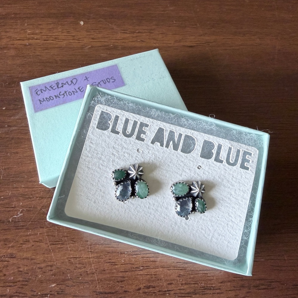 Emerald and Moonstone Sterling Silver Earrings by Oregon artist Blue and Blue